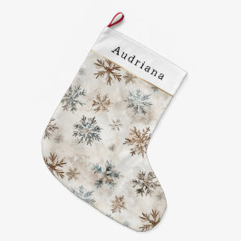 Calcetín Navideño Grande Copos de nieve azules marrones crema  