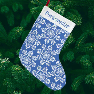 Calcetín Navideño Grande Copos de nieve azules y blancos personalizados vin