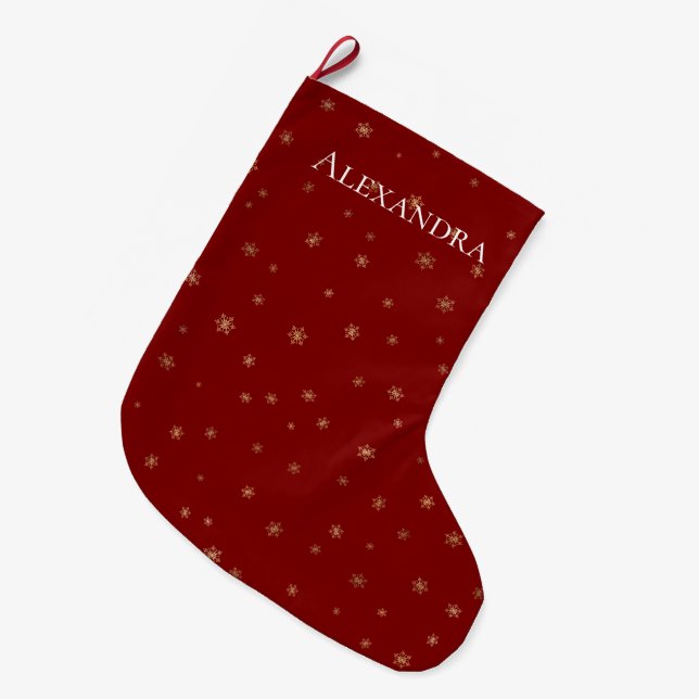 Calcetín Navideño Grande Copos de nieve de oro de Navidades rojos (Frente (Colgado))
