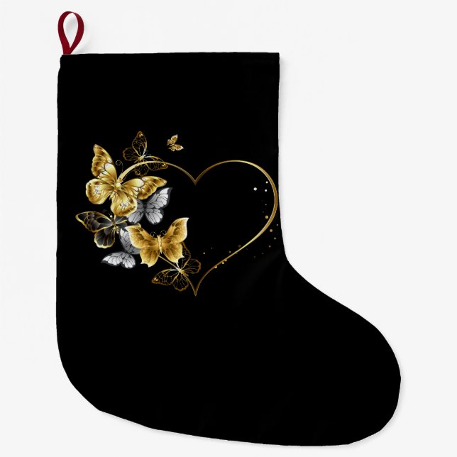 Calcetín Navideño Grande Corazón con mariposas doradas (Anverso)