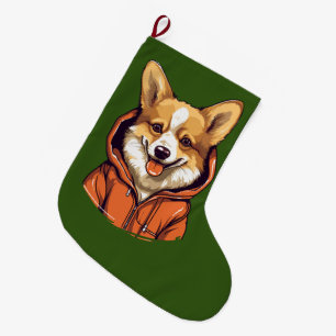 Calcetín Navideño Grande Corgi Divertido con Sudadera