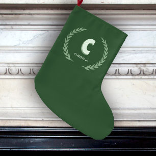 Calcetín Navideño Grande Corona de Laurel Verde Letra C Monograma 