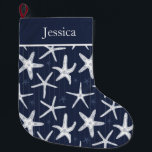 Calcetín Navideño Grande Costa Azul de la Marina Starfish Beach<br><div class="desc">Un hermoso Navidad con estepa azul marino y blanco,  con un texto editable en la parte superior para añadir un nombre o mensaje</div>