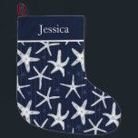Calcetín Navideño Grande Costa Azul de la Marina Starfish Beach<br><div class="desc">Un hermoso Navidad con estepa azul marino y blanco,  con un texto editable en la parte superior para añadir un nombre o mensaje</div>
