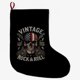 Calcetín Navideño Grande Cráneo de rock vintage guitarra bandera americana 