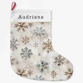Calcetín Navideño Grande Cream Blue Brown Snowflakes  