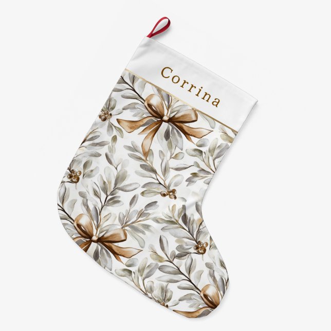 Calcetín Navideño Grande Cream White Gingerbread Bows   (Frente (Colgado))