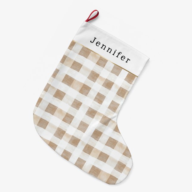 Calcetín Navideño Grande Cream White Plaid Stripes Christmas (Frente (Colgado))