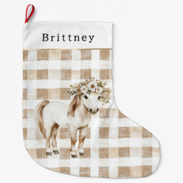 Calcetín Navideño Grande Cream White Plaid Stripes Floral Horse Christmas