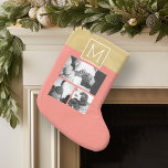 Calcetín Navideño Grande Crear su propio monograma de Collage de fotos Boda<br><div class="desc">Fondo de impresión de coral y oro - Usa 3 fotos cuadradas para crear un regalo único y personal de aniversario. Añade las iniciales de la novia y del novio. Si necesita ajustar las imágenes o monogramas,  haga clic en la herramienta personalizar para realizar cambios.</div>