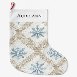 Calcetín Navideño Grande Crema azul Navidades Copos de nieve