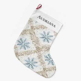 Calcetín Navideño Grande Crema azul Navidades Copos de nieve