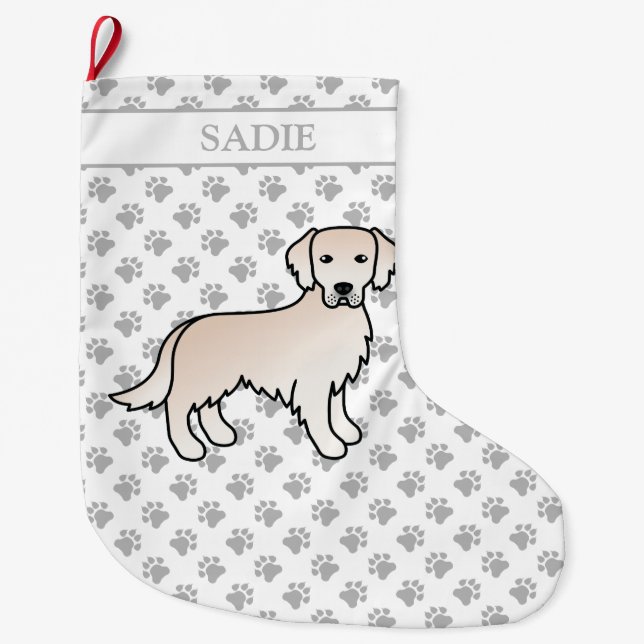 Calcetín Navideño Grande Crema inglesa Golden Retriever Cartog Dog & Name (Anverso)