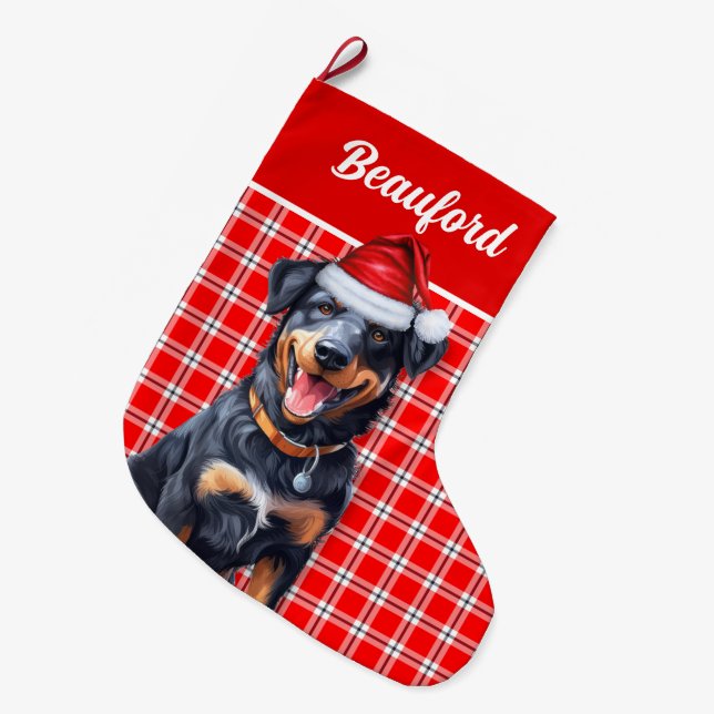 Calcetín Navideño Grande Cristal roja de Beauceron con nombre de perro (Frente (Colgado))