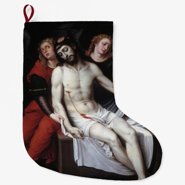 Calcetín Navideño Grande Cristo muerto apoyado por dos ángeles (Ribalta) (Anverso)