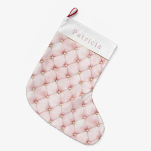 Calcetín Navideño Grande Cuadrados de Navidad de oro rosa bonito