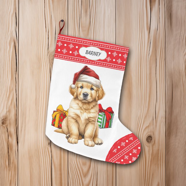 Calcetín Navideño Grande Cuidado Golden Retriever Cuppy Santa Hat Snowflake (Subido por el creador)