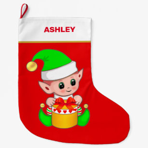 Calcetín Navideño Grande Cuidados Navidades Elf y caja de regalo en rojo