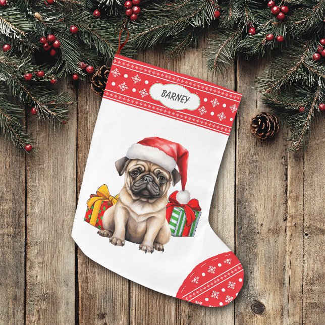 Calcetín Navideño Grande Cum Pug Puppy Santa Hat Snowflake (Subido por el creador)