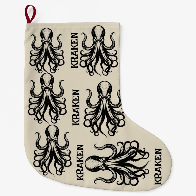 Calcetín Navideño Grande Custom Kraken Octopus Squid Name Personalized (Anverso)