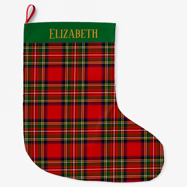 Calcetín Navideño Grande Custom Royal Stewart Clan Tartan Plaid Name (Anverso)