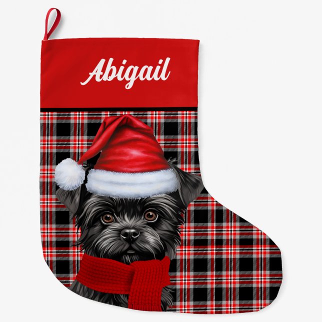 Calcetín Navideño Grande Cute Affenpinscher Dog Holiday Plaid Personalizado (Anverso)