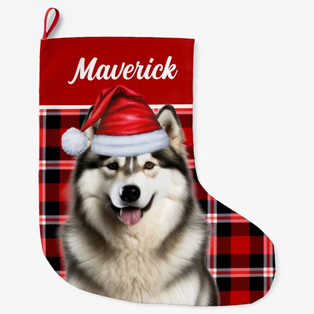 Calcetín Navideño Grande Cute Alaskan Malamute Personalizado de vacaciones (Anverso)