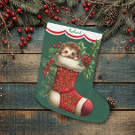 Calcetín Navideño Grande Cute Baby Hedgehog Peeking<br><div class="desc">Este caldo de leña tiene la imagen de un adorable bebé erizo que asoma a una represa roja ornamentada. La imagen está rodeada de bayas rojas, flores de tiburón y flores de poinsettia, y se coloca sobre un fondo verde Navidad. Un diseño de borde blanco de vieiras bordeado por rojo...</div>