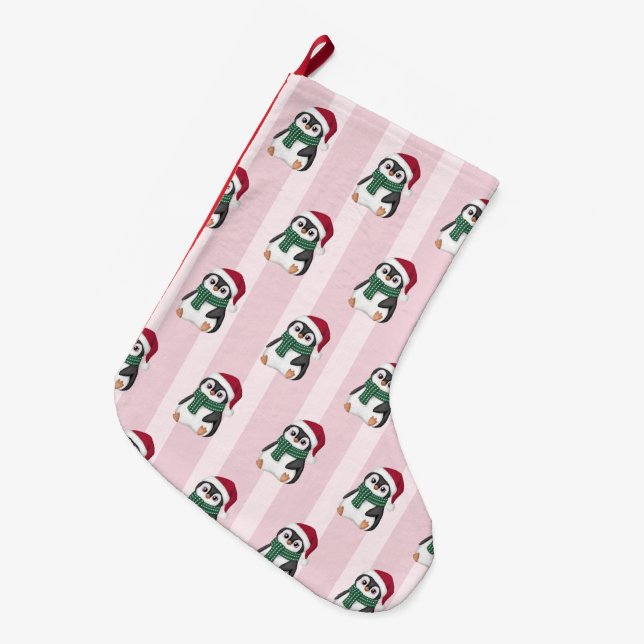 Calcetín Navideño Grande Cute Baby Penguin Wearing Santa Hat Christmas (Frente (Colgado))