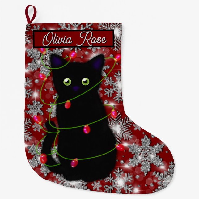 Calcetín Navideño Grande Cute black cat Meowy Christmas sparkling snowflake (Anverso)