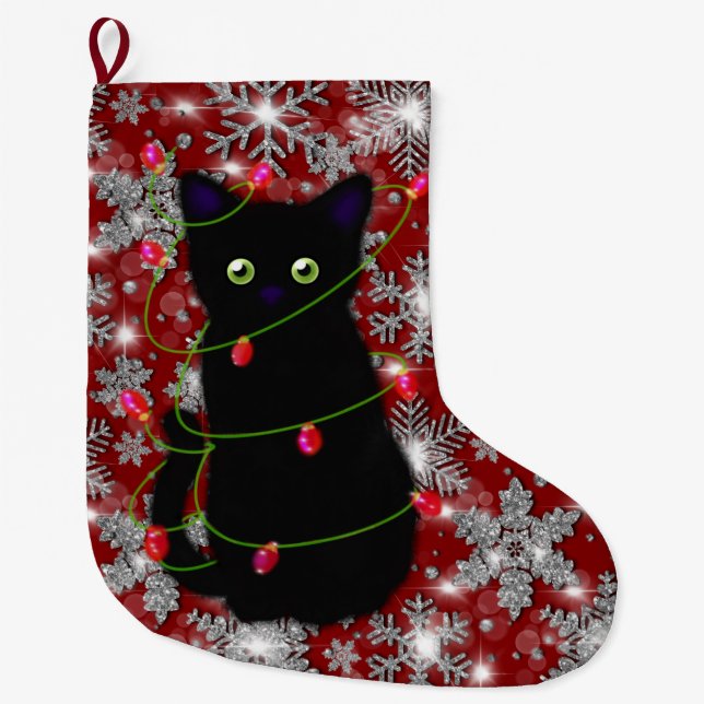 Calcetín Navideño Grande Cute black cat Meowy Christmas sparkling snowflake (Anverso)