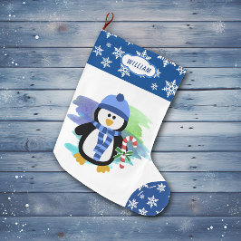 Calcetín Navideño Grande Cute Blue Penguin Candy Cane
