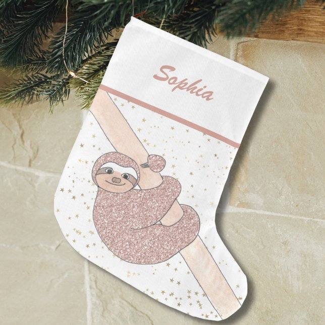 Calcetín Navideño Grande Cute Blush Pink Glitter Sloth Name (Subido por el creador)