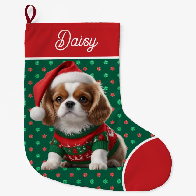Calcetín Navideño Grande Cute Cavalier King Charles Sweater Personalizado (Anverso)