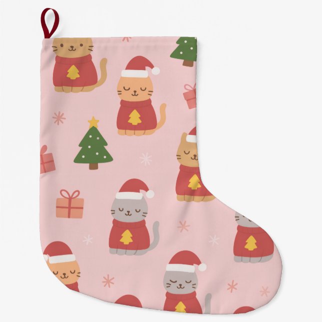 Calcetín Navideño Grande Cute Christmas Cats Pattern – Pink Holiday Design (Anverso)
