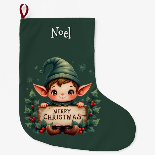 Calcetín Navideño Grande Cute Christmas Elf Holding Merry Sign Green (Anverso)