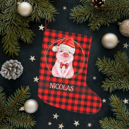 Calcetín Navideño Grande Cute Christmas Pig With Buffalo Plaid Red Funny