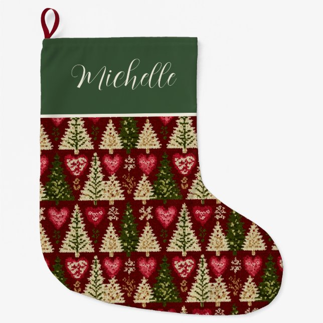 Calcetín Navideño Grande Cute Custom Knitted Style Christmas Trees Pattern  (Anverso)