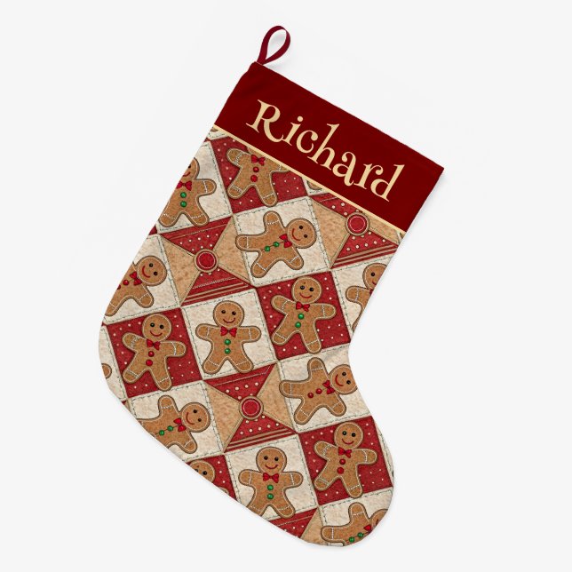 Calcetín Navideño Grande Cute Gingerbread Man Patchwork Pattern Style (Frente (Colgado))