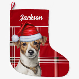 Calcetín Navideño Grande Cute Jack Russell Dog Red Plaid Personalizado