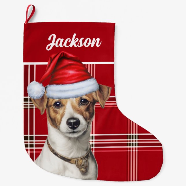 Calcetín Navideño Grande Cute Jack Russell Dog Red Plaid Personalizado (Anverso)