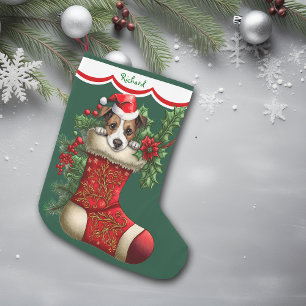 Calcetín Navideño Grande Cute Jack Russell Terrier Puppy Peeking