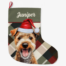 Calcetín Navideño Grande Cute Lakeland Terrier Holiday Plaid Personalizado 