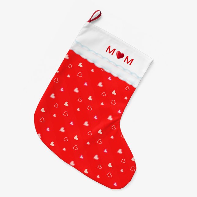 Calcetín Navideño Grande Cute Mom with Heart & Heart Pattern on Red (Frente (Colgado))