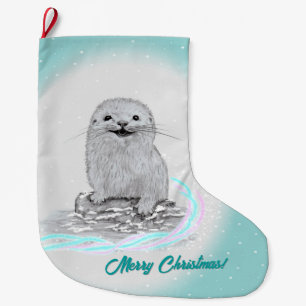 Calcetín Navideño Grande Cute Nutria Blanca de Mar Bebé, Feliz Navidad