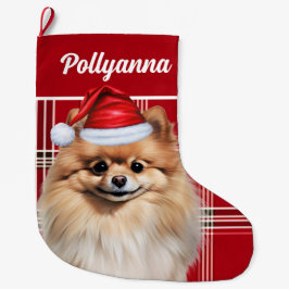 Calcetín Navideño Grande Cute Pomeranian Dog Red White Plaid Custom