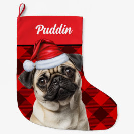 Calcetín Navideño Grande Cute Pug Dog Red Buffalo Plaid Custom