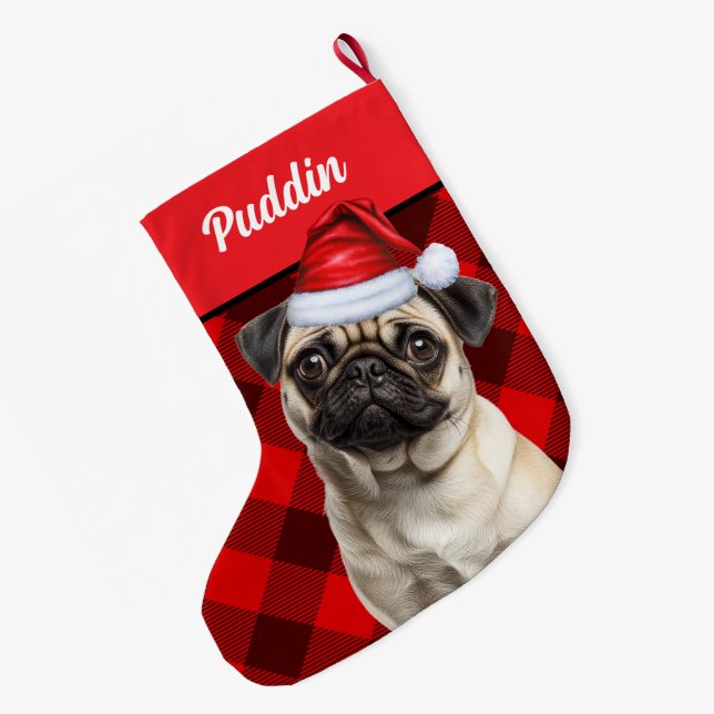 Calcetín Navideño Grande Cute Pug Dog Red Buffalo Plaid Custom (Anverso (colgado))