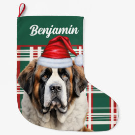 Calcetín Navideño Grande Cute Saint Bernard Dog Plaid Custom