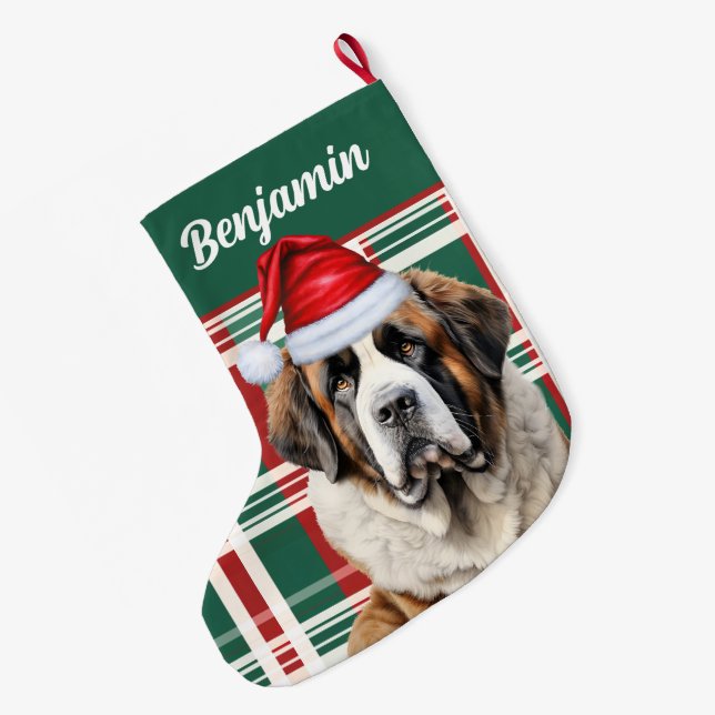 Calcetín Navideño Grande Cute Saint Bernard Dog Plaid Custom (Anverso (colgado))